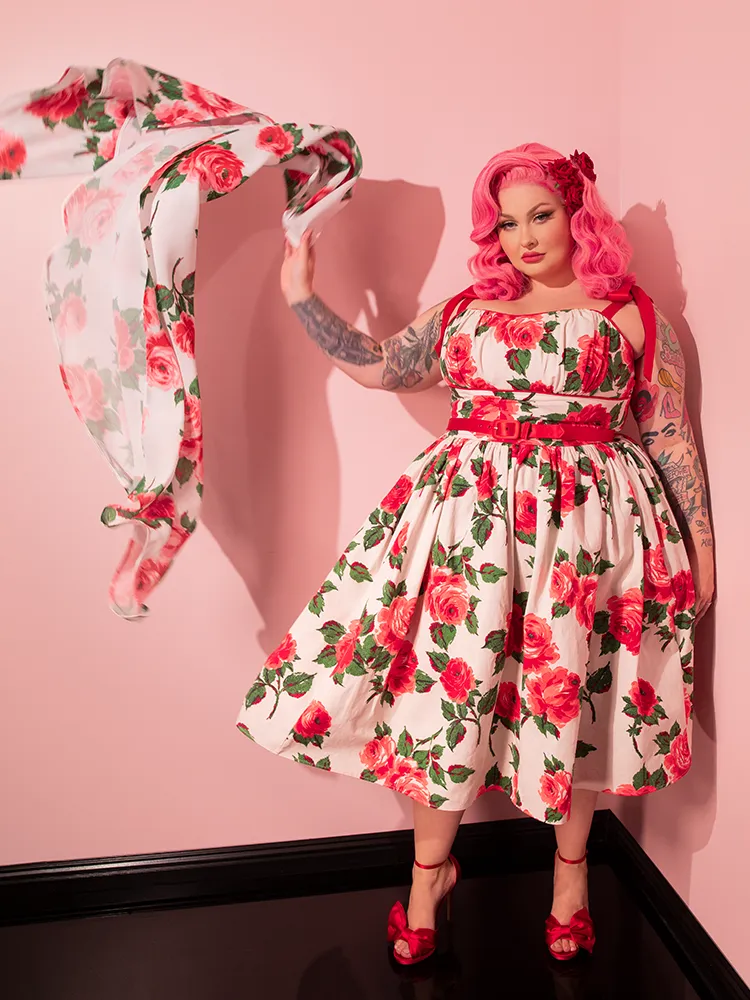 1950s Swing Sundress and Scarf in Red Vintage Roses - Vixen by Micheline Pitt