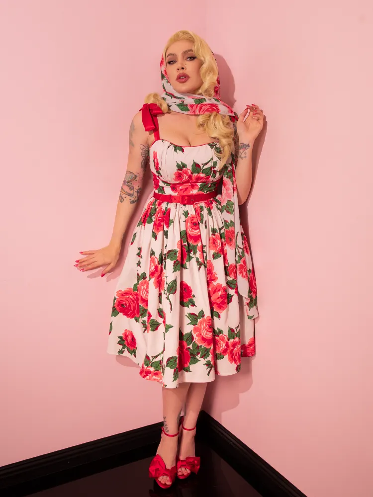1950s Swing Sundress and Scarf in Red Vintage Roses - Vixen by Micheline Pitt