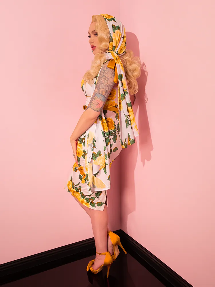 1950s Wiggle Sundress and Scarf in Yellow Vintage Roses - Vixen by Micheline Pitt