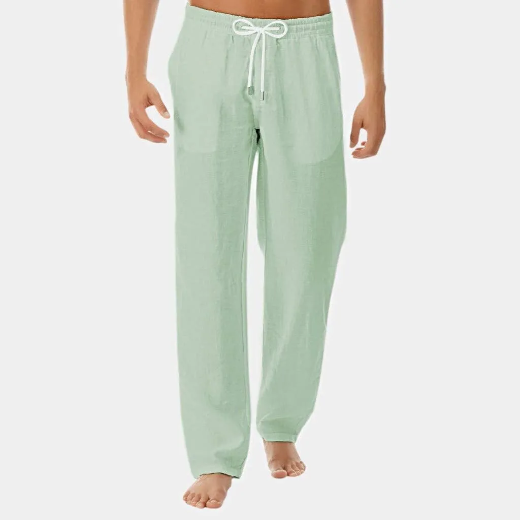 Akklian Mens Linen Drawstring Pants Elastic Waist Lightweight Trouser Casual Loose Summer Beach Yoga Pant Soft Comfy Trouser