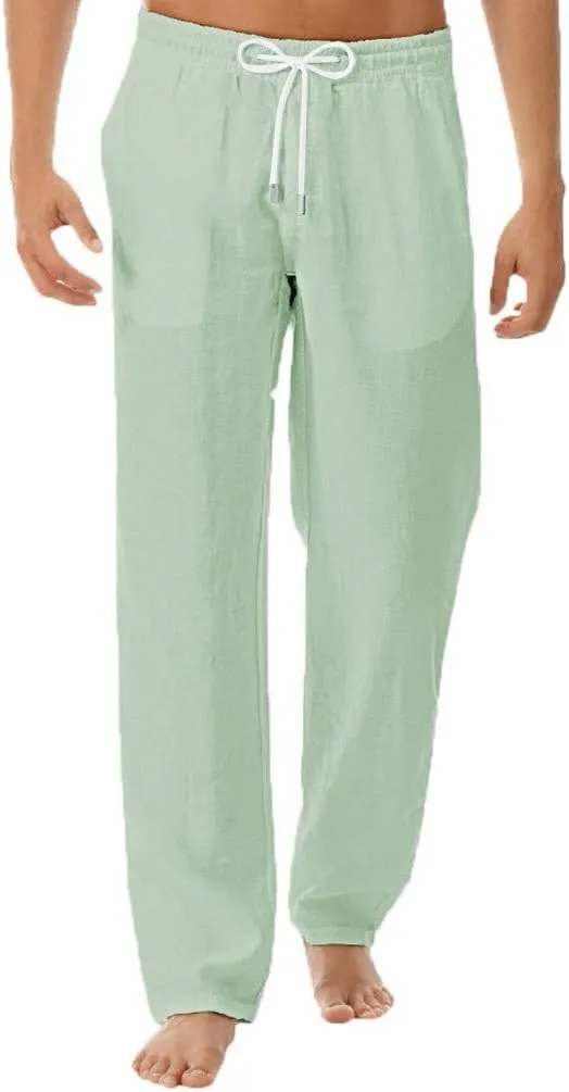 Akklian Mens Linen Drawstring Pants Elastic Waist Lightweight Trouser Casual Loose Summer Beach Yoga Pant Soft Comfy Trouser