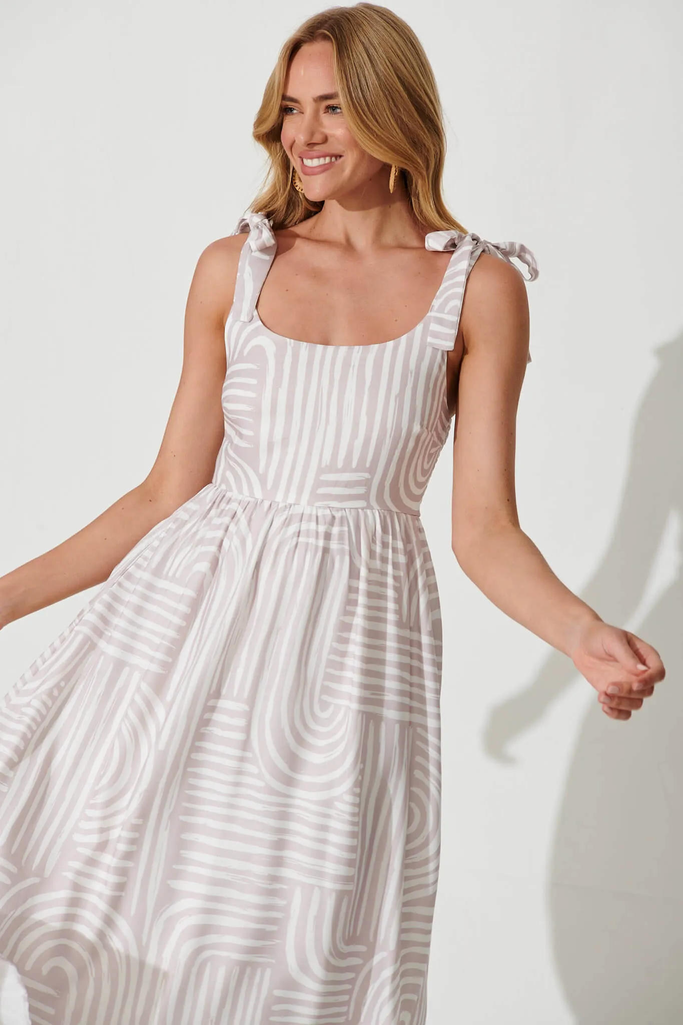 Asha Midi Sundress In Beige Swirl Print Linen Blend