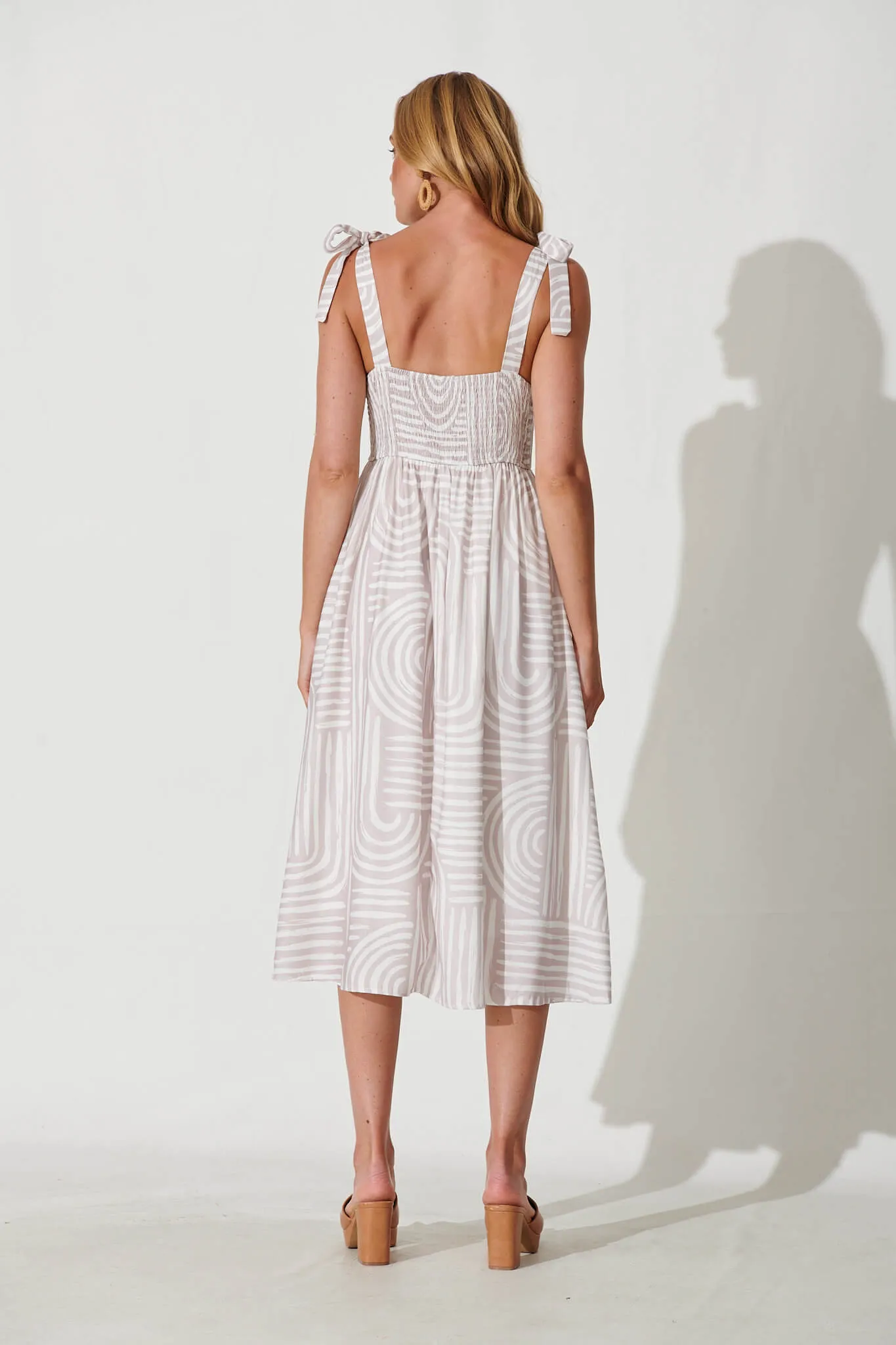 Asha Midi Sundress In Beige Swirl Print Linen Blend