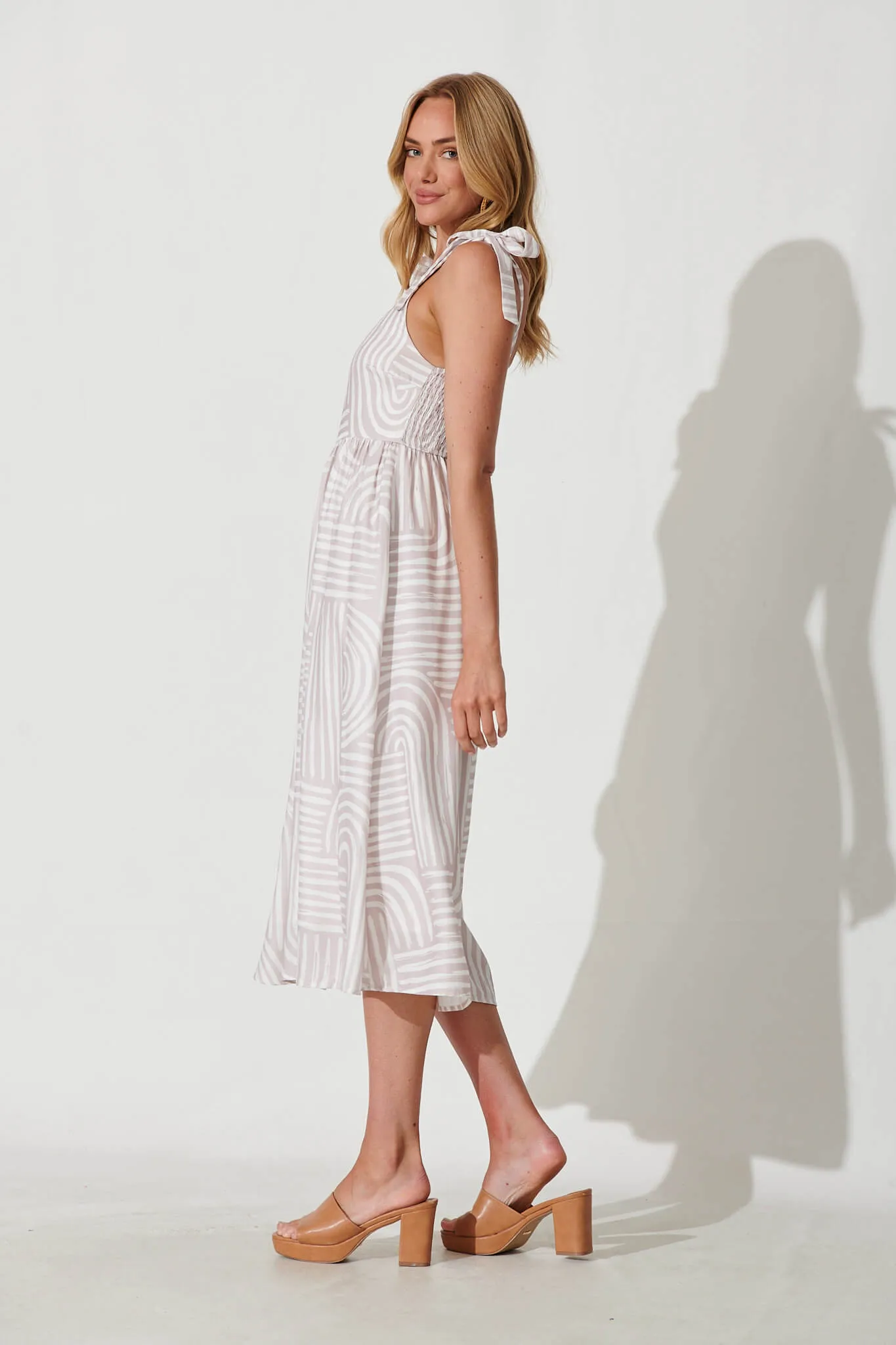 Asha Midi Sundress In Beige Swirl Print Linen Blend