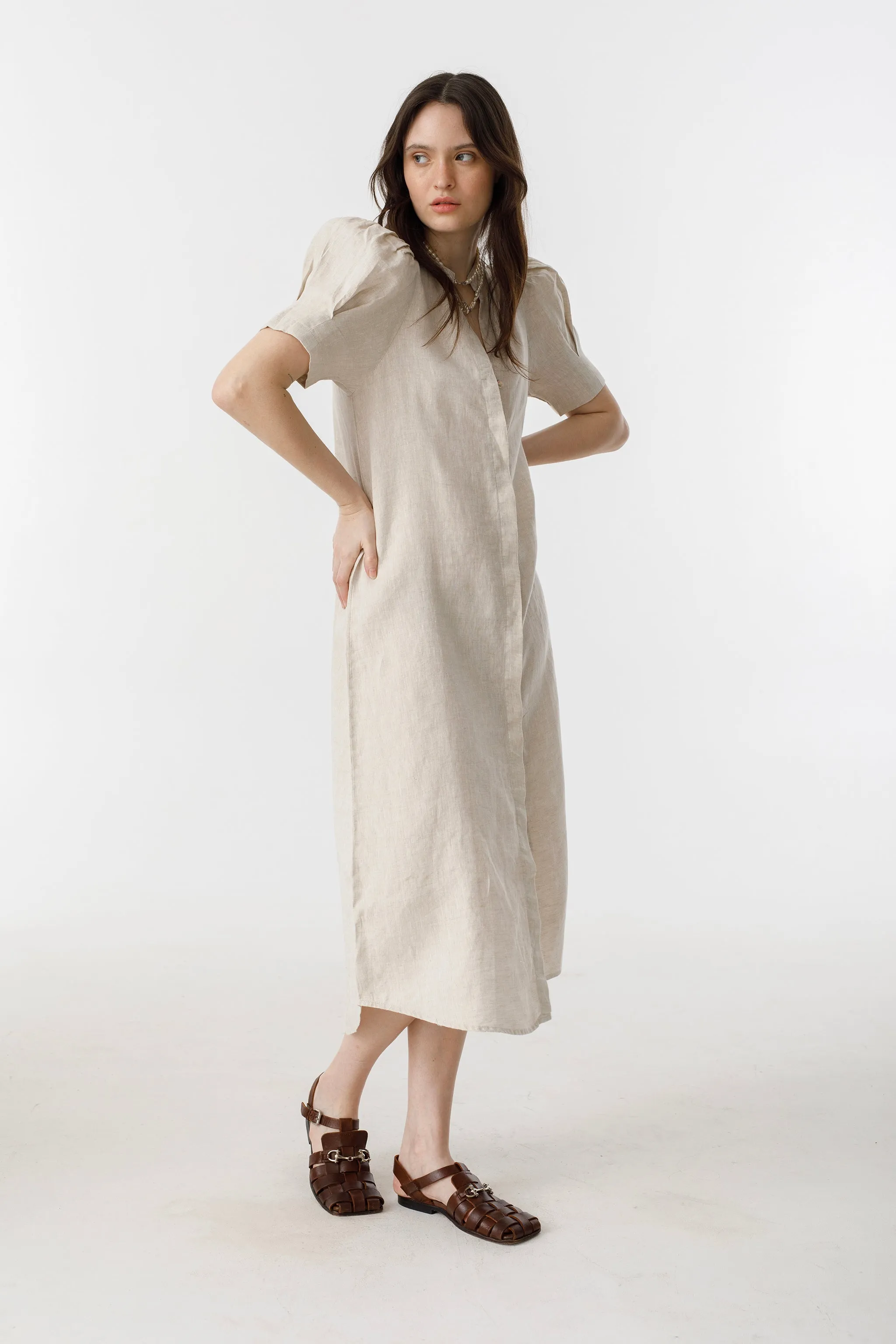 Athina Midi Linen Dress - Natural