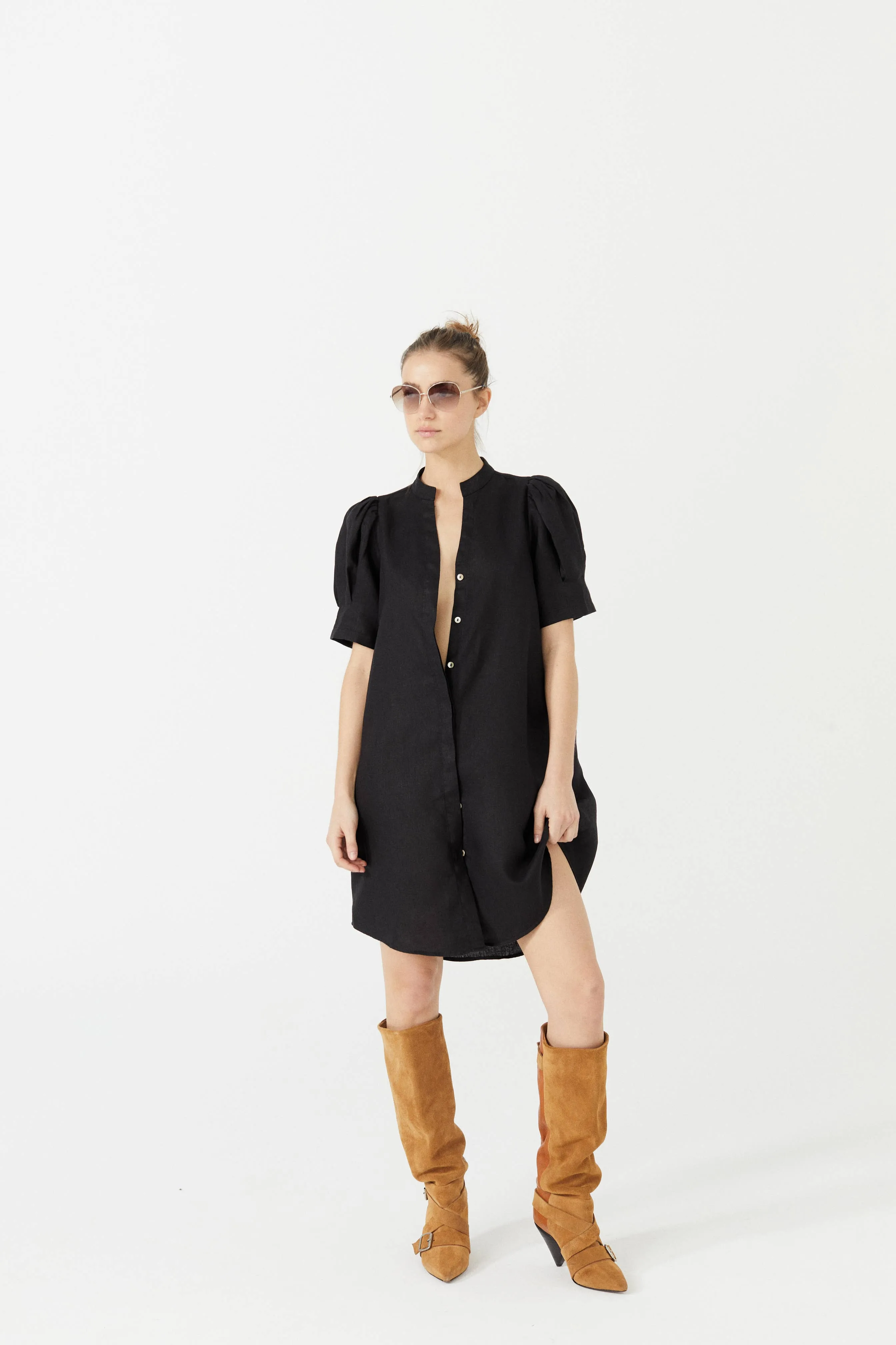Athina Short Linen Dress - Black