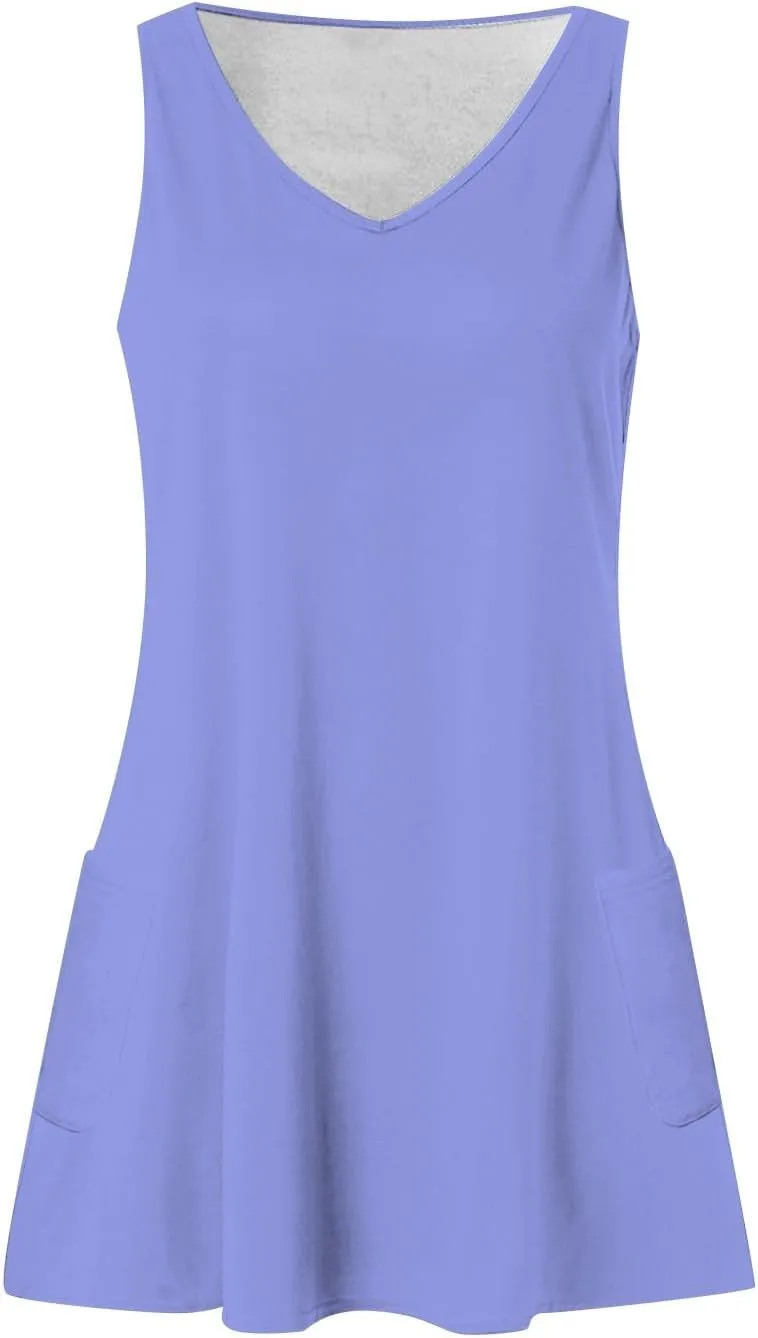 Azeralia Dresses for Women 2024, Womens Summer Boho Beach Vacation Sundress Casual T-Shirts V Neck Tank Dress with Pockets