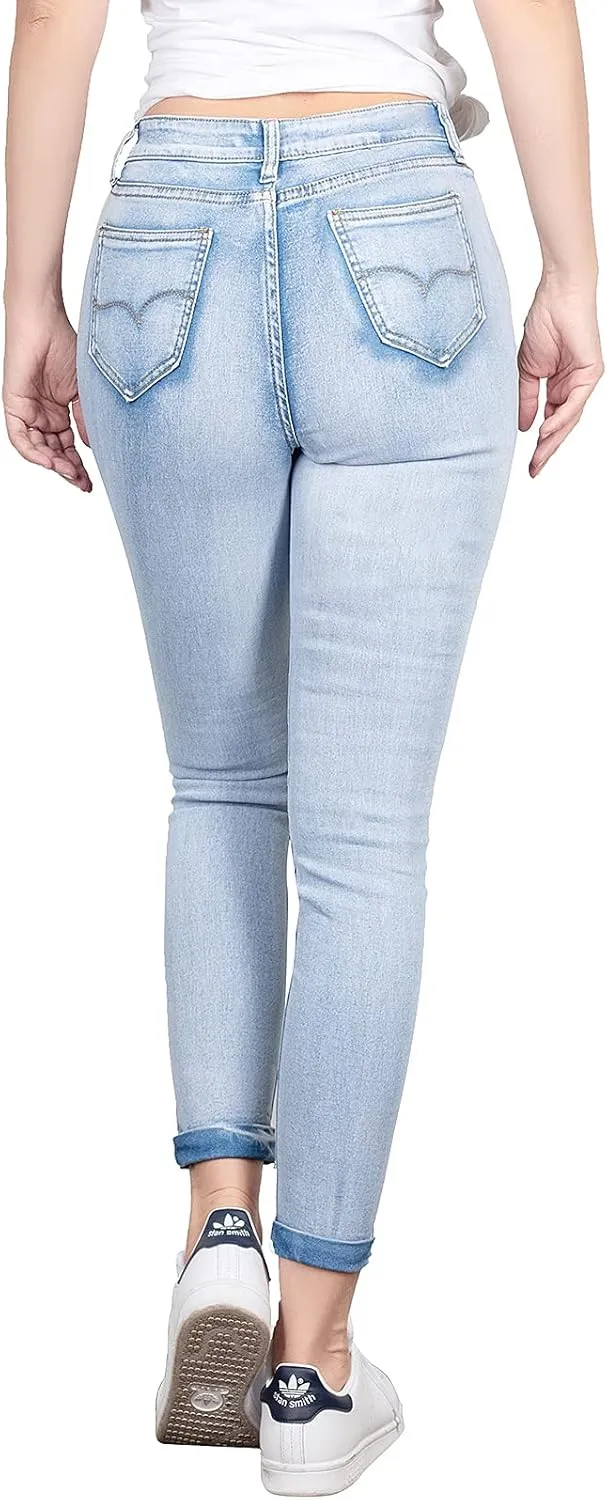 BodiLove Women's Stretchy 5 Pocket Skinny Distressed Denim Jeans
