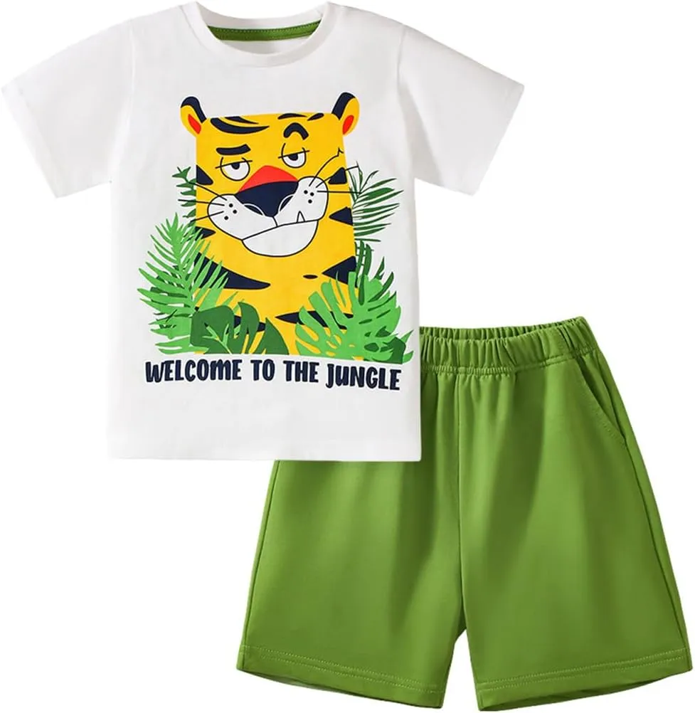 Boys T-Shirt & Shorts Set 2-Piece Outfit Cotton Summer Clothes for Toddler Boys, Soft Breathable Matching Set