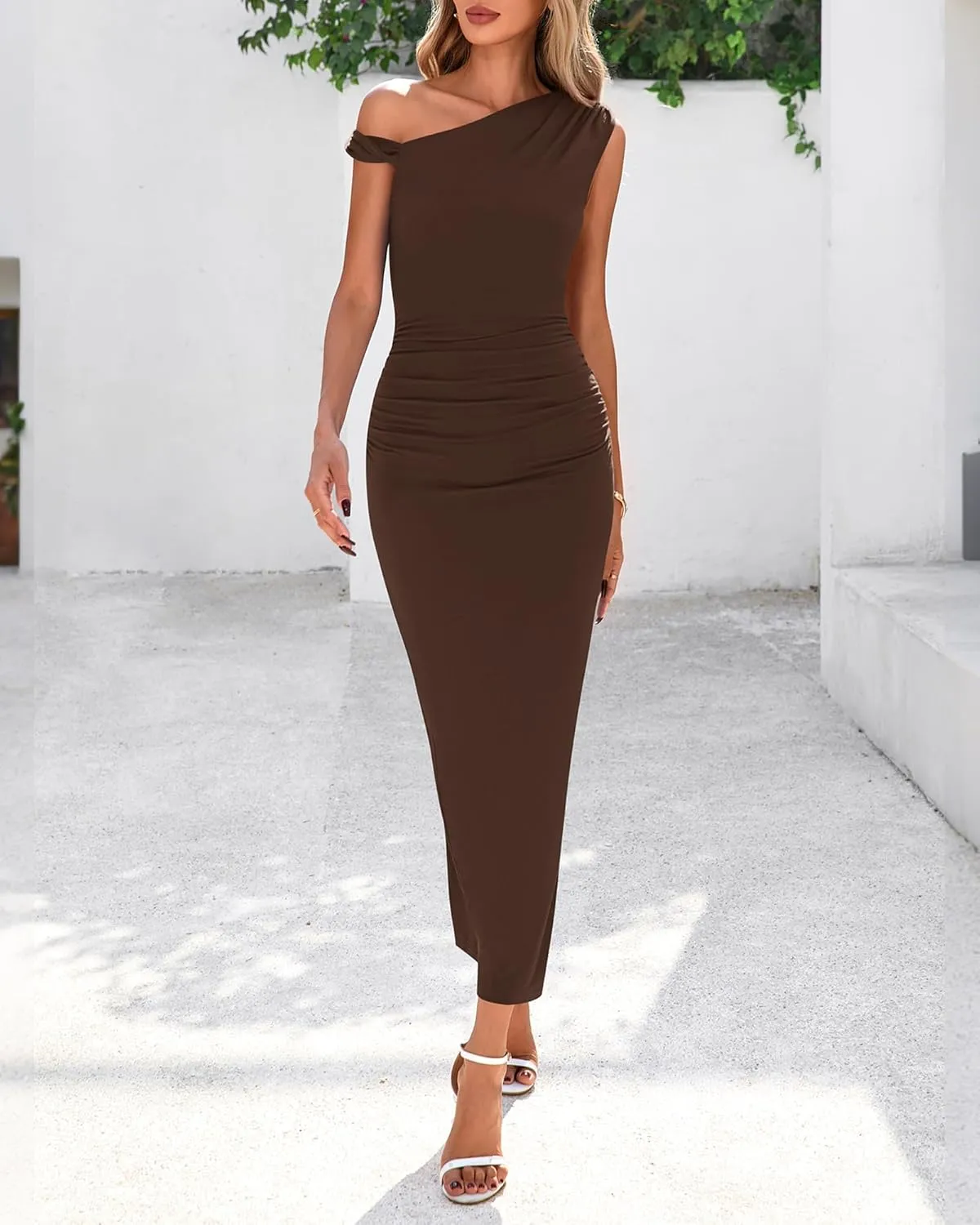 BTFBM Women's Formal Cocktail Dresses One Shoulder Twist Strap Sundress Ruched Bodycon Elegant Wedding Party Maxi Dress