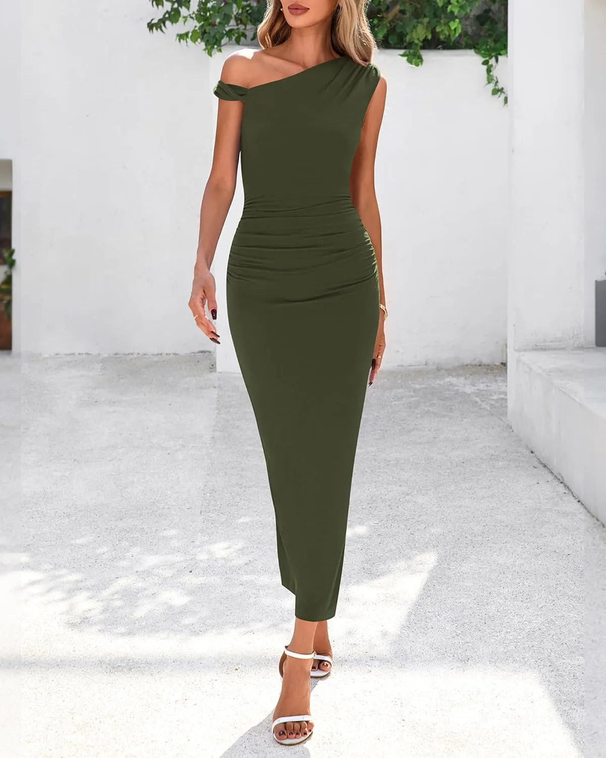BTFBM Women's Formal Cocktail Dresses One Shoulder Twist Strap Sundress Ruched Bodycon Elegant Wedding Party Maxi Dress
