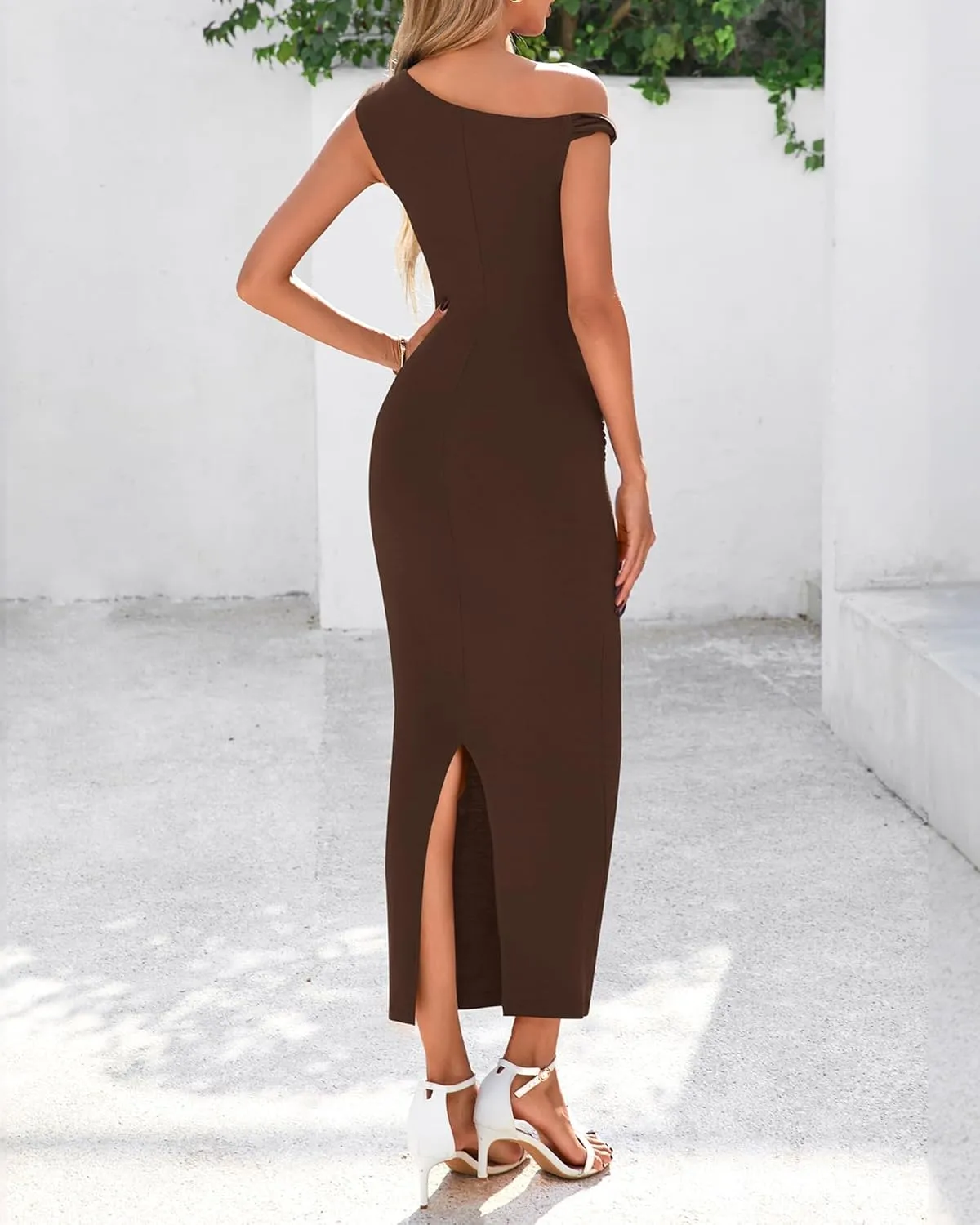 BTFBM Women's Formal Cocktail Dresses One Shoulder Twist Strap Sundress Ruched Bodycon Elegant Wedding Party Maxi Dress