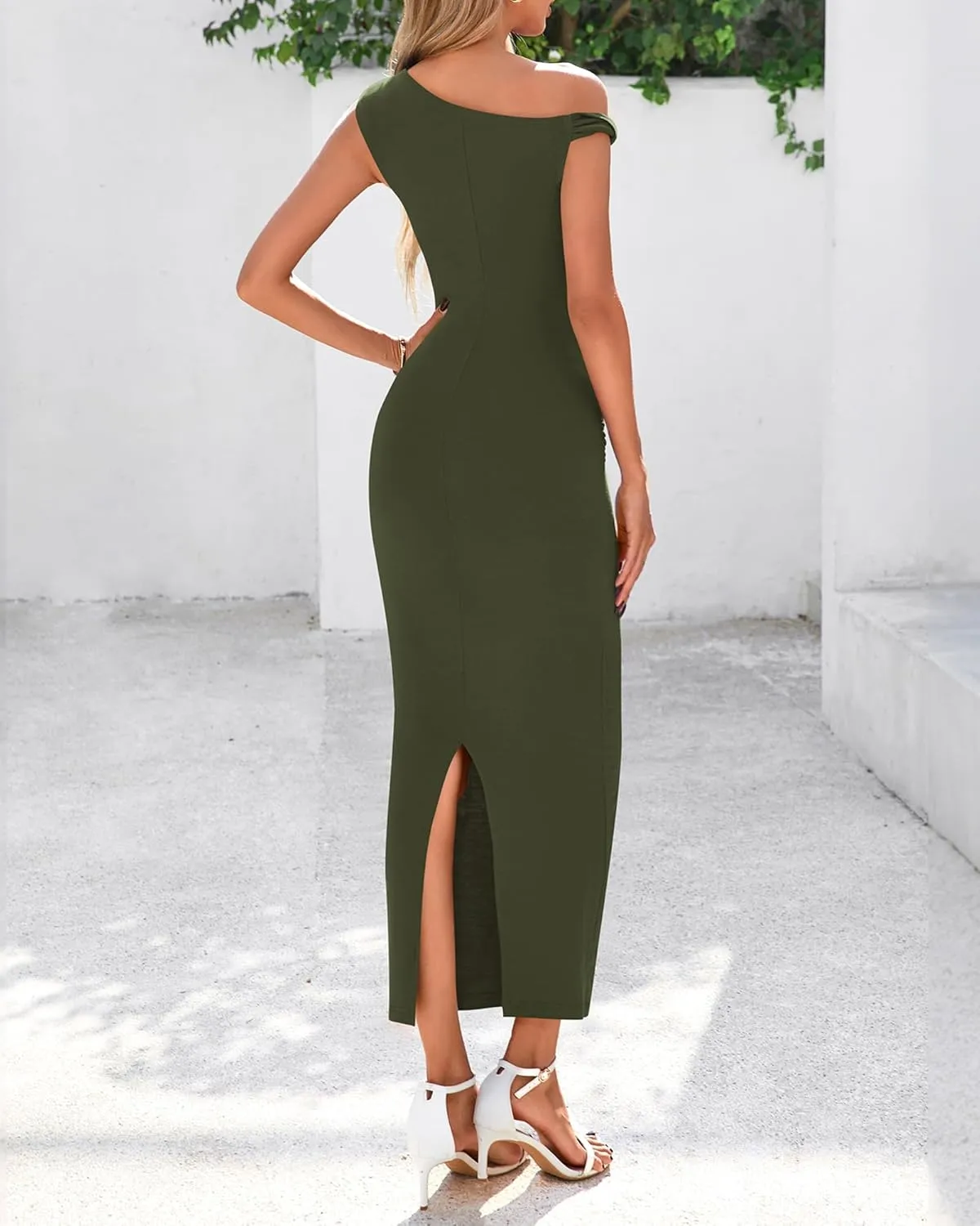 BTFBM Women's Formal Cocktail Dresses One Shoulder Twist Strap Sundress Ruched Bodycon Elegant Wedding Party Maxi Dress