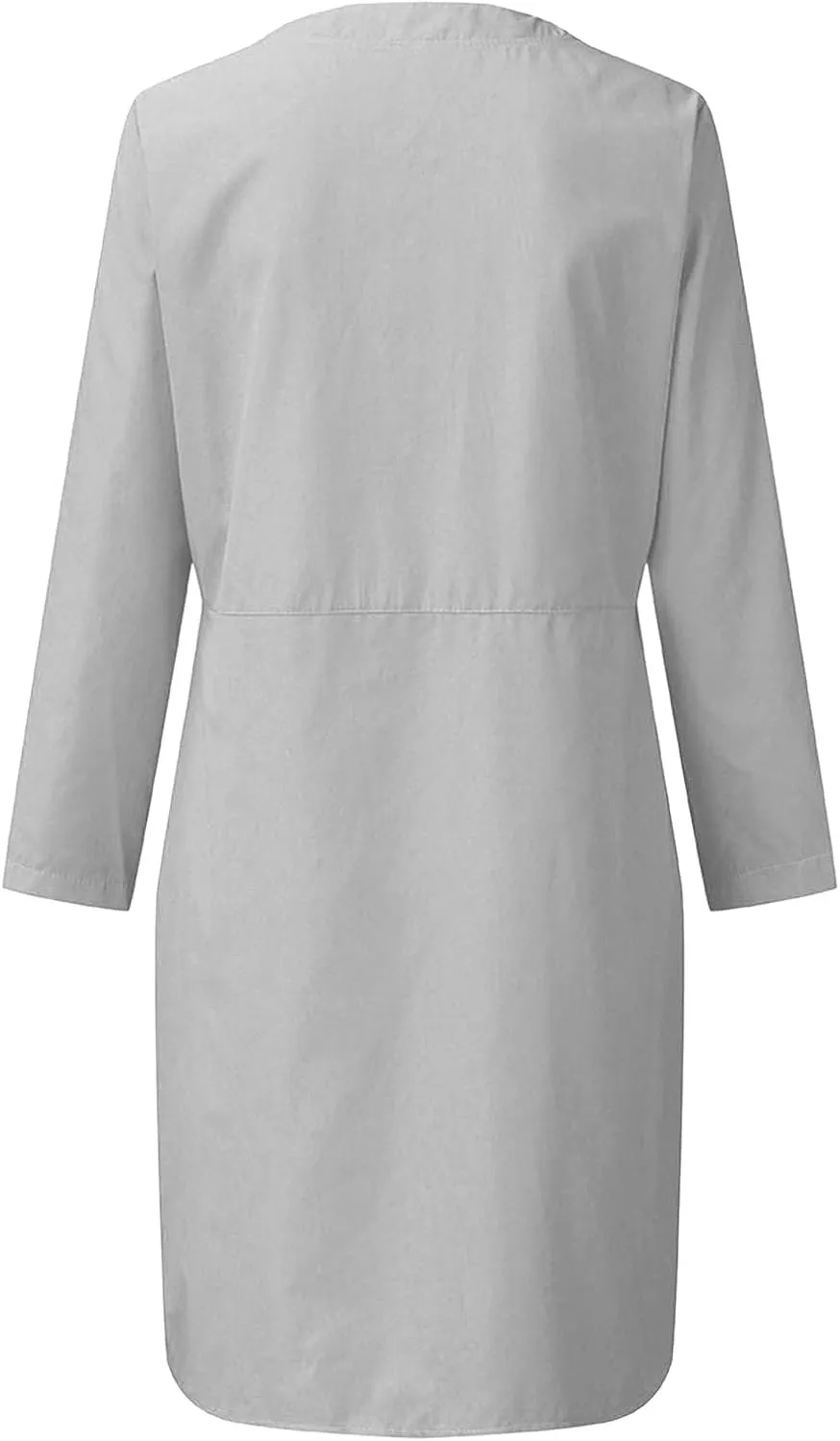Ceboyel Women 2023 Button Linen Dresses Cotton Summer Midi Dresses Short Sleeve Casual Shirt Dress Ladies Teacher Clothing