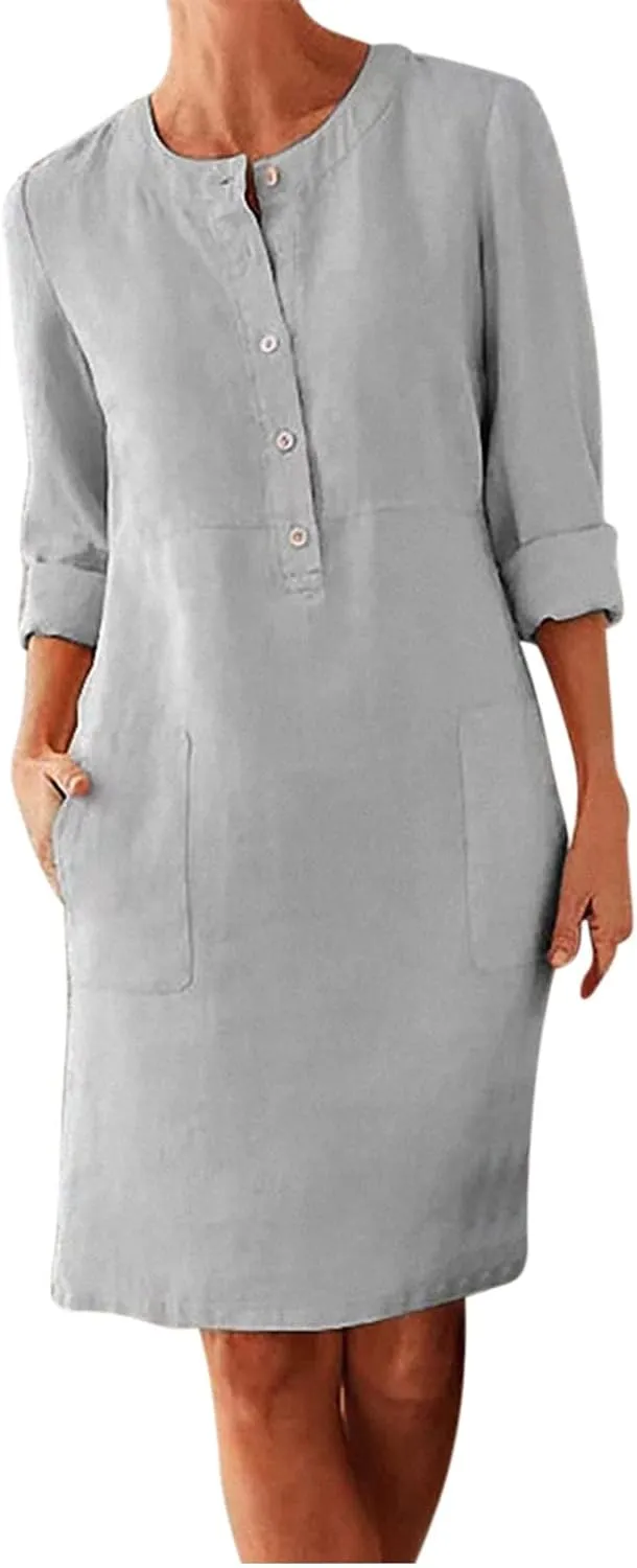 Ceboyel Women 2023 Button Linen Dresses Cotton Summer Midi Dresses Short Sleeve Casual Shirt Dress Ladies Teacher Clothing