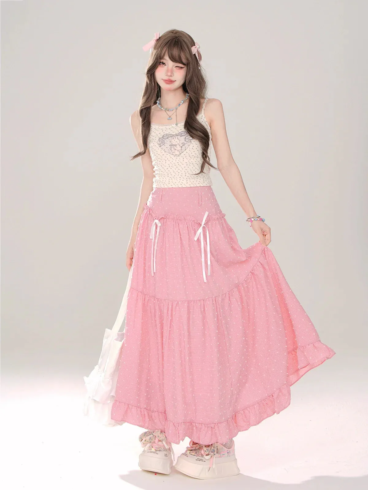Check   Ribbon A-Line A-Line Dot Skirt Long Skirt Long