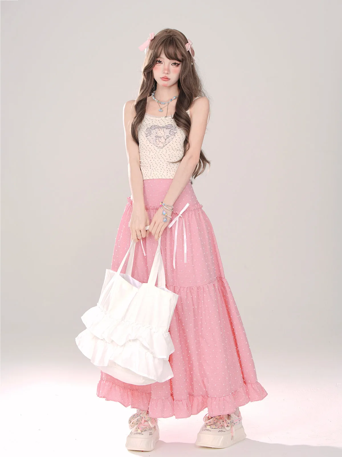 Check   Ribbon A-Line A-Line Dot Skirt Long Skirt Long