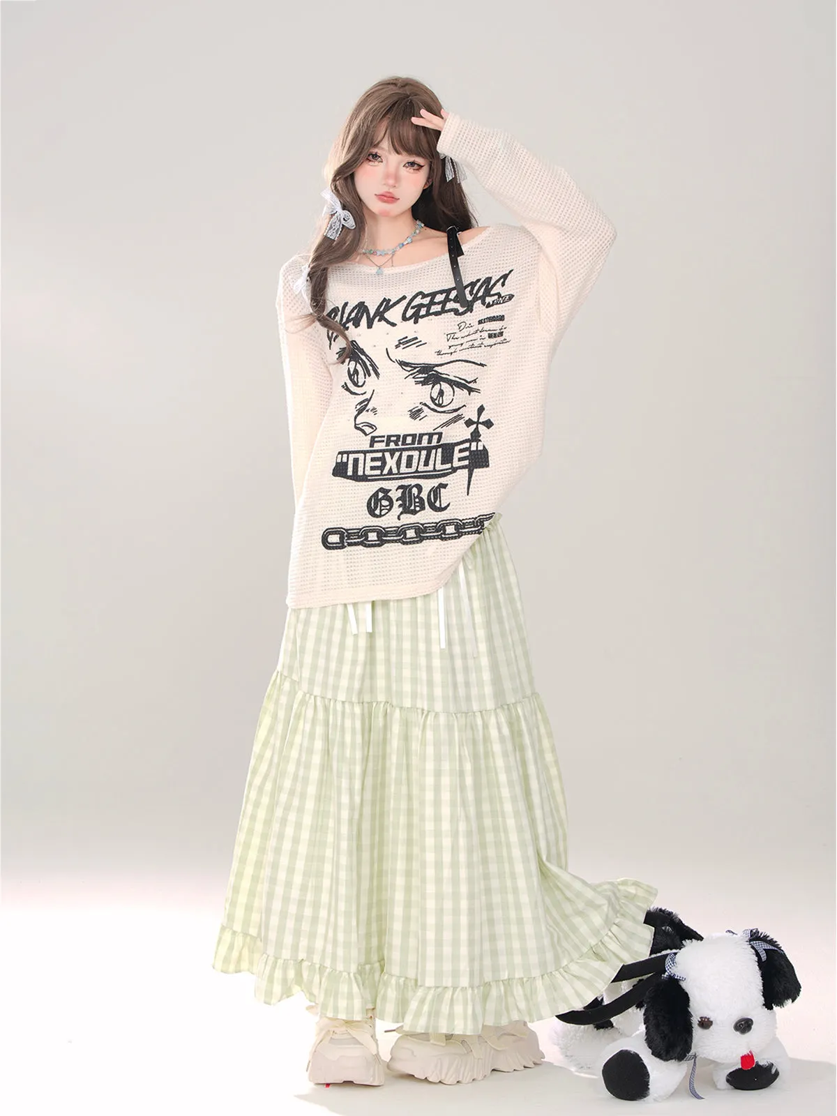 Check   Ribbon A-Line A-Line Dot Skirt Long Skirt Long
