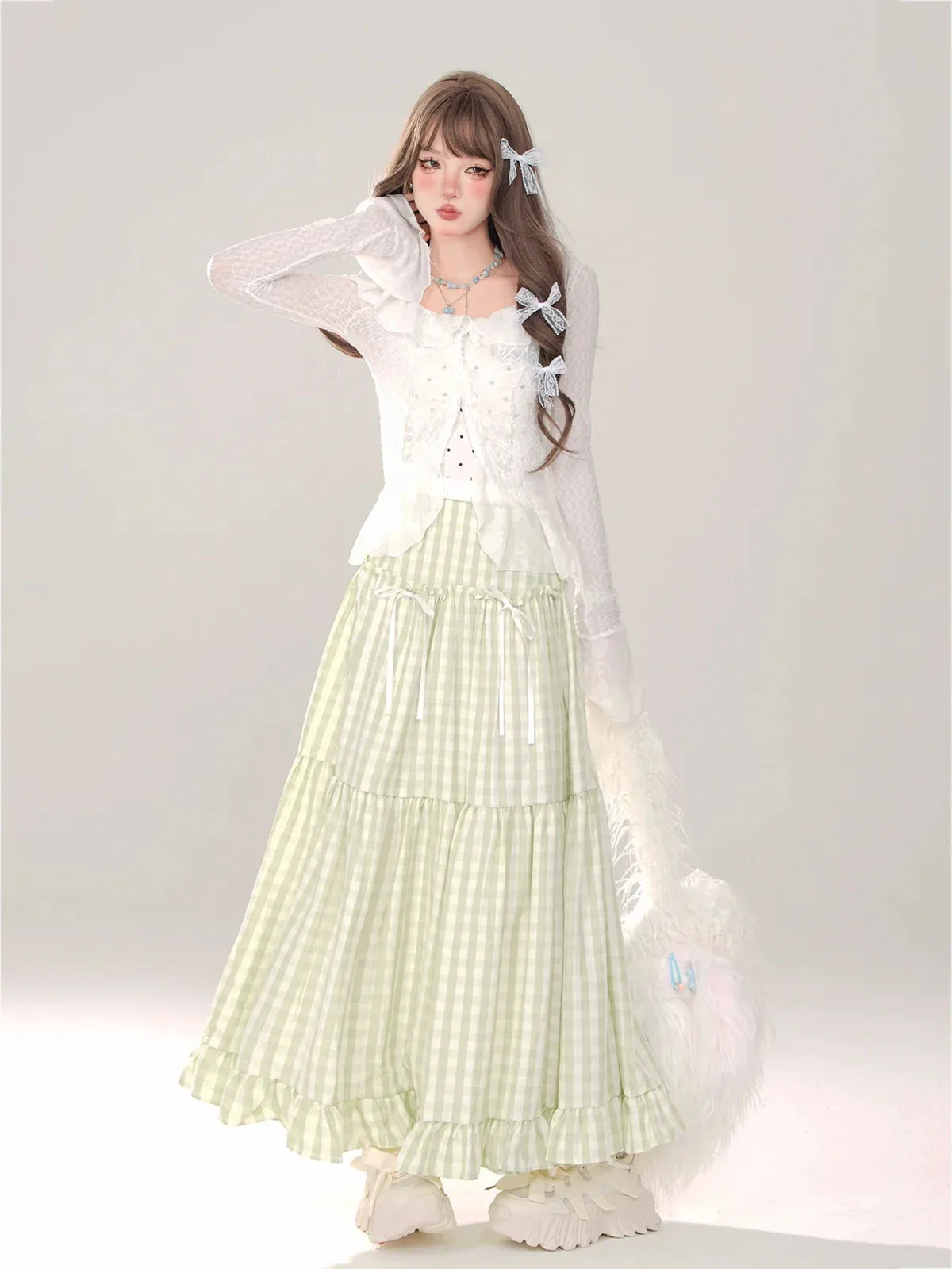Check   Ribbon A-Line A-Line Dot Skirt Long Skirt Long