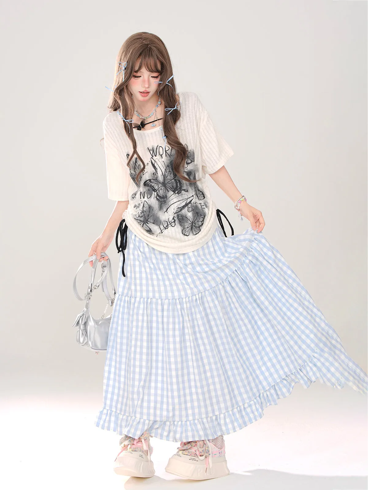 Check   Ribbon A-Line A-Line Dot Skirt Long Skirt Long