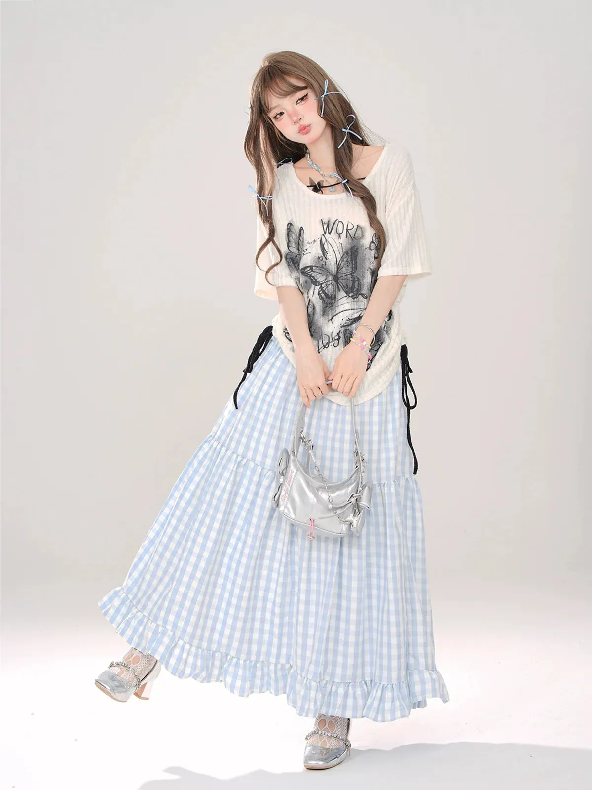Check   Ribbon A-Line A-Line Dot Skirt Long Skirt Long