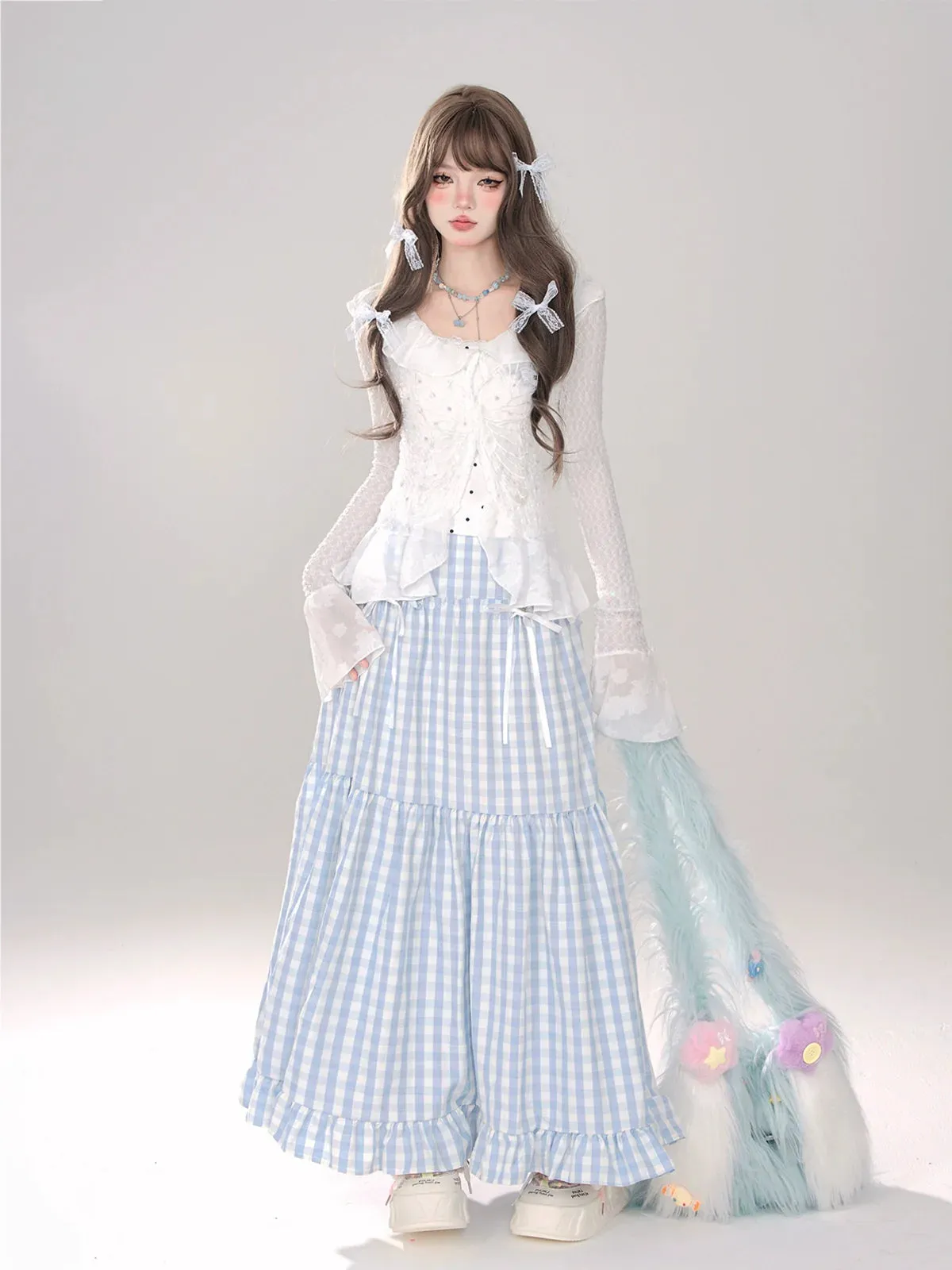 Check   Ribbon A-Line A-Line Dot Skirt Long Skirt Long