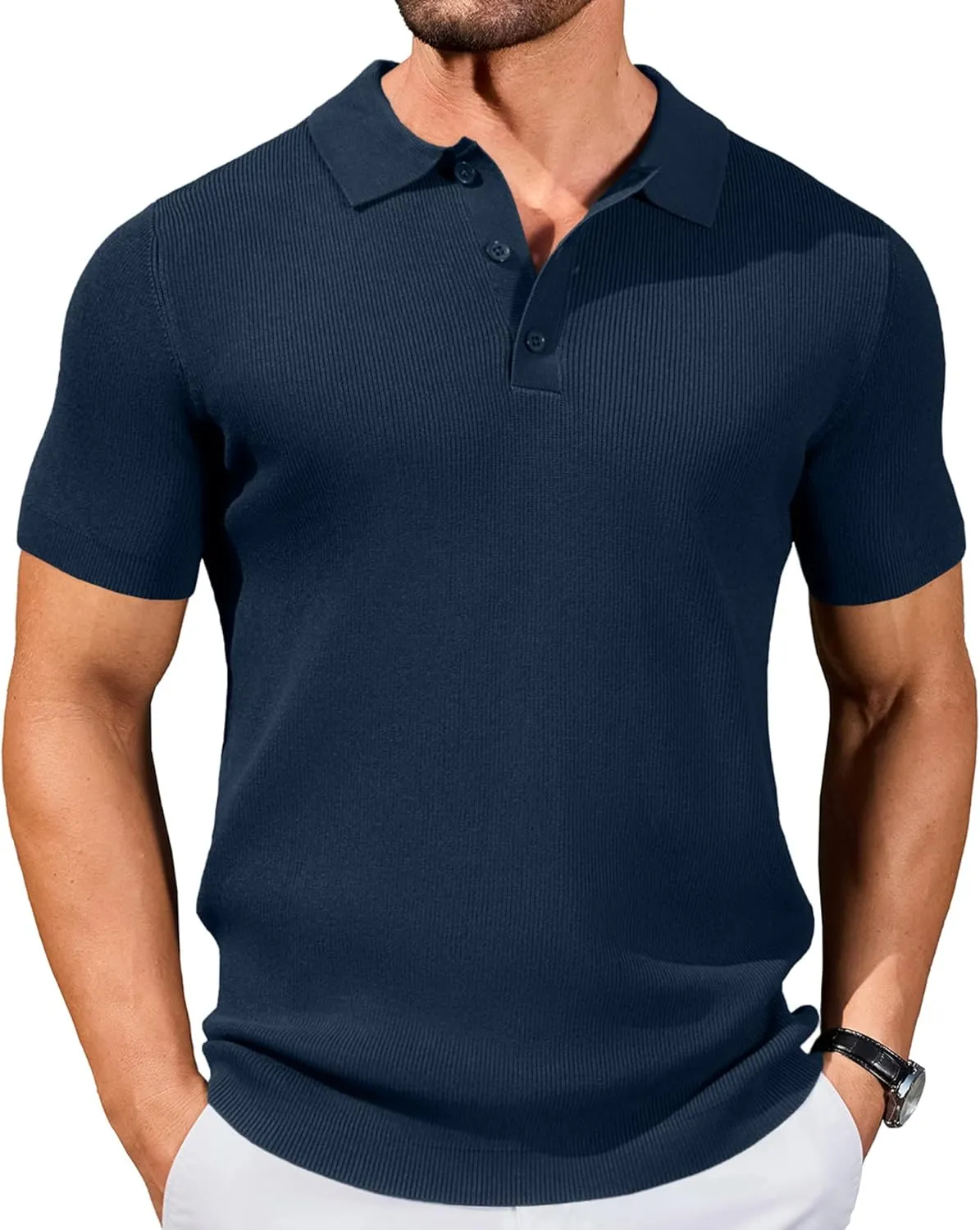 COOFANDY Mens Slim Fit Knit Polo Shirts Business Lightweight Polo Sweater Casual Summer Ribbed Textured Collared T Shirt