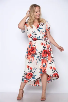 Coral Pink Floral Print High Low Plus Size Maxi Dress