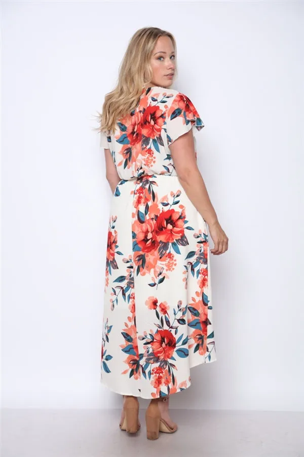 Coral Pink Floral Print High Low Plus Size Maxi Dress