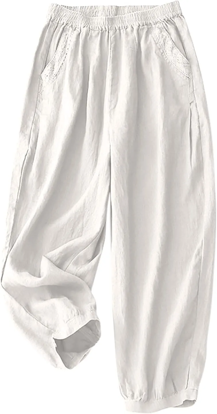 Cotton Linen Trousers Womens Solid Color Loose Straight Pants Casual Soft Lightweight Wide Leg Pants with Pockets