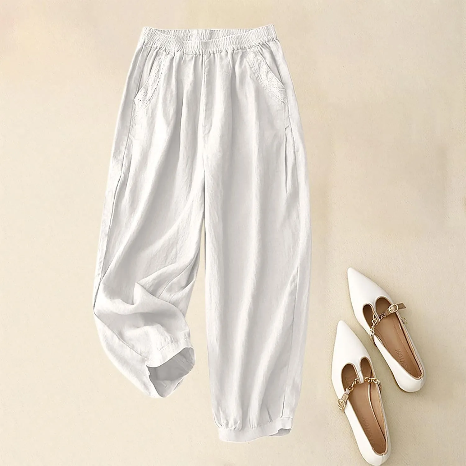Cotton Linen Trousers Womens Solid Color Loose Straight Pants Casual Soft Lightweight Wide Leg Pants with Pockets