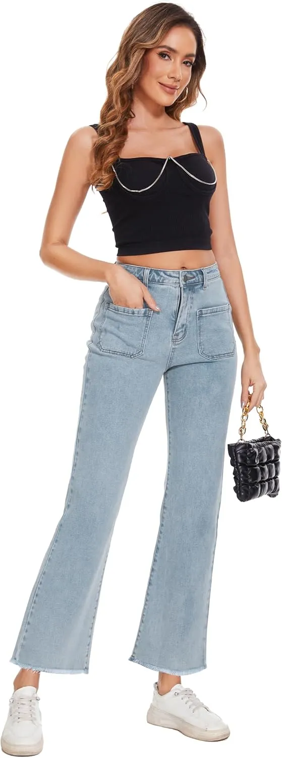 Denim Women Cropped Trousers Jeans Pants Leg Jeans High Rise Pants Stretchy with Pockets