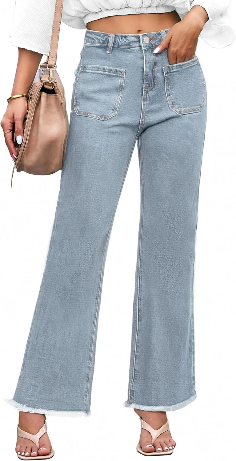 Denim Women Cropped Trousers Jeans Pants Leg Jeans High Rise Pants Stretchy with Pockets
