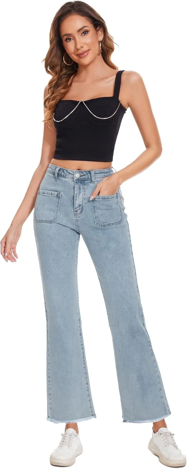 Denim Women Cropped Trousers Jeans Pants Leg Jeans High Rise Pants Stretchy with Pockets