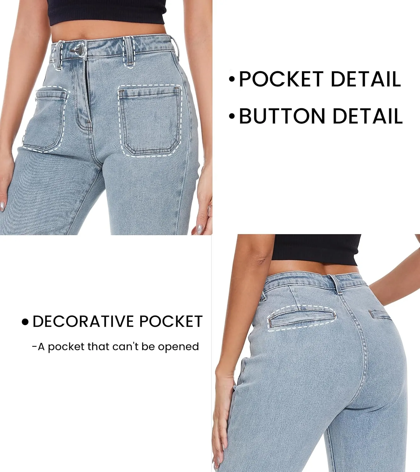 Denim Women Cropped Trousers Jeans Pants Leg Jeans High Rise Pants Stretchy with Pockets
