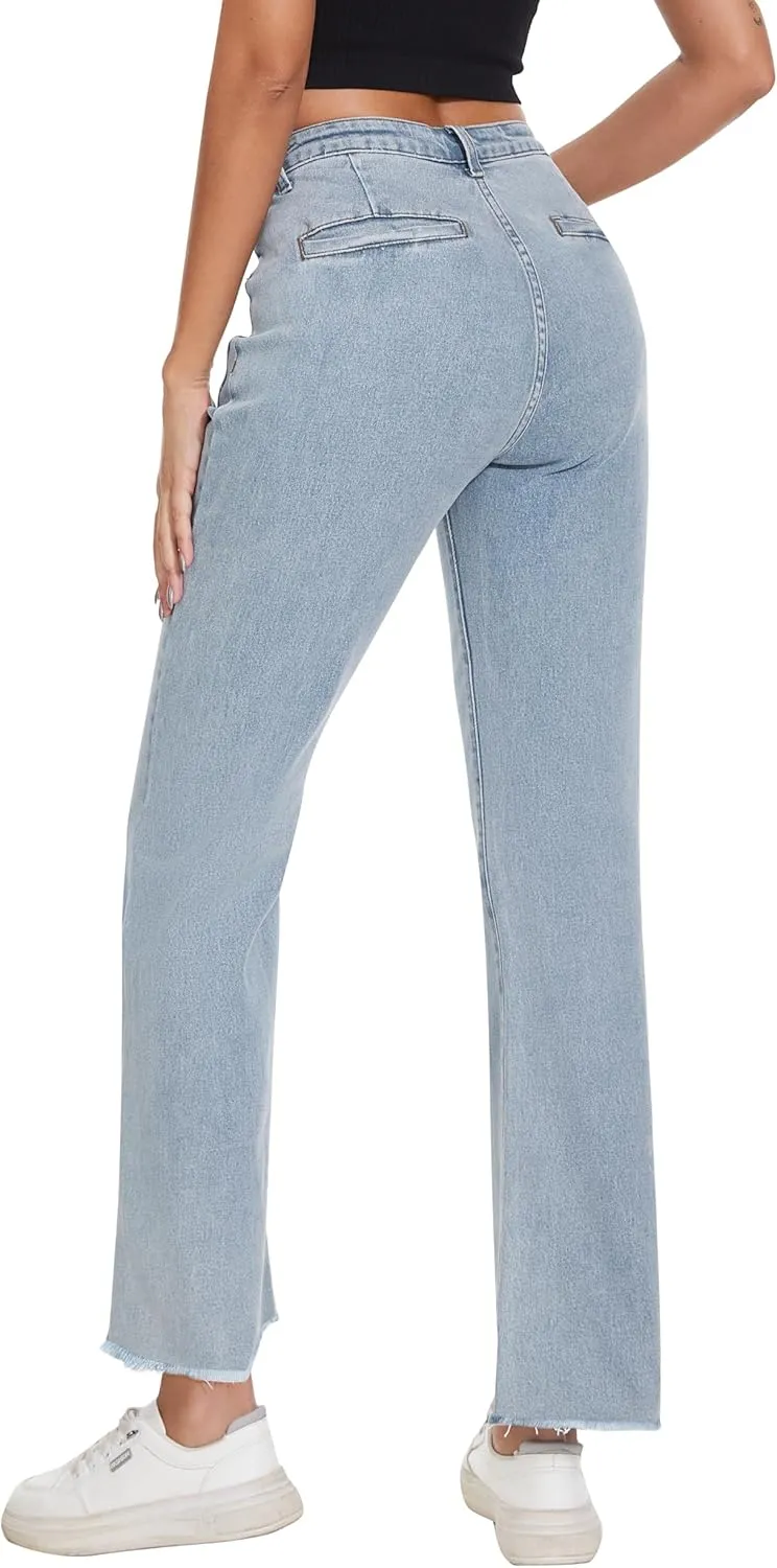 Denim Women Cropped Trousers Jeans Pants Leg Jeans High Rise Pants Stretchy with Pockets