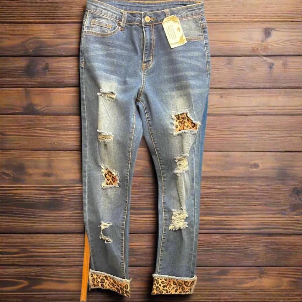 Distressed Jeans With Leopard Patches SH78275-5