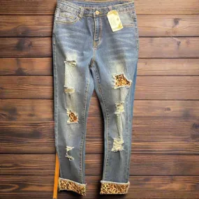 Distressed Jeans With Leopard Patches SH78275-5