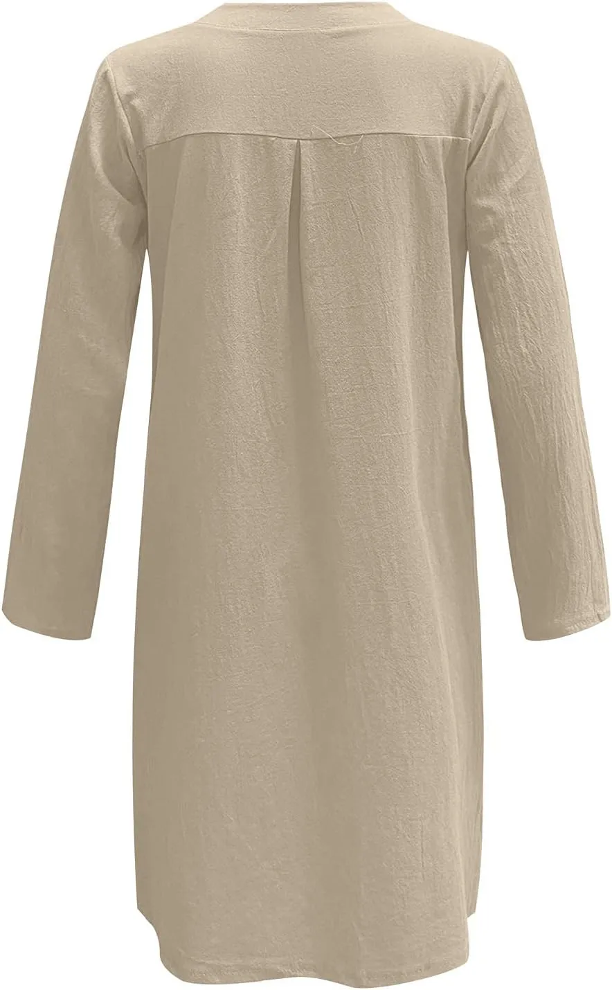 Dresses for Women 2024 Casual Cotton Linen Midi Dress with Pockets Crew Neck Button Down Long Sleeve Summer Dress