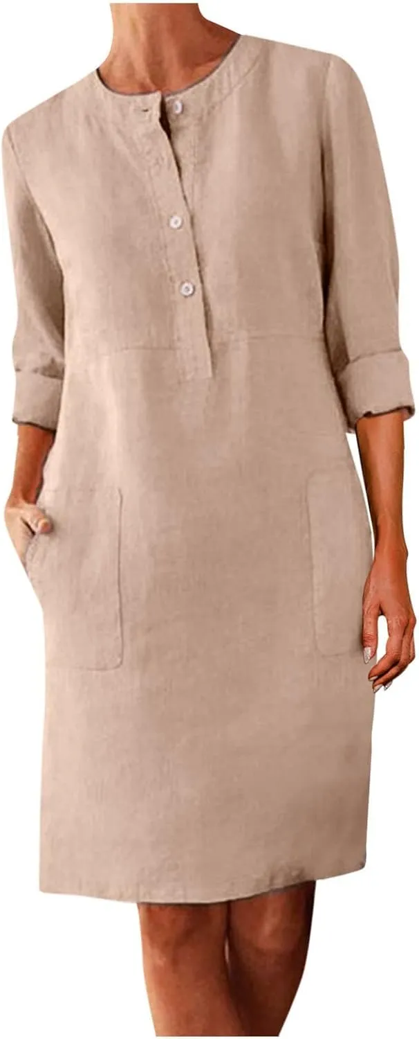 Dresses for Women 2024 Casual Cotton Linen Midi Dress with Pockets Crew Neck Button Down Long Sleeve Summer Dress