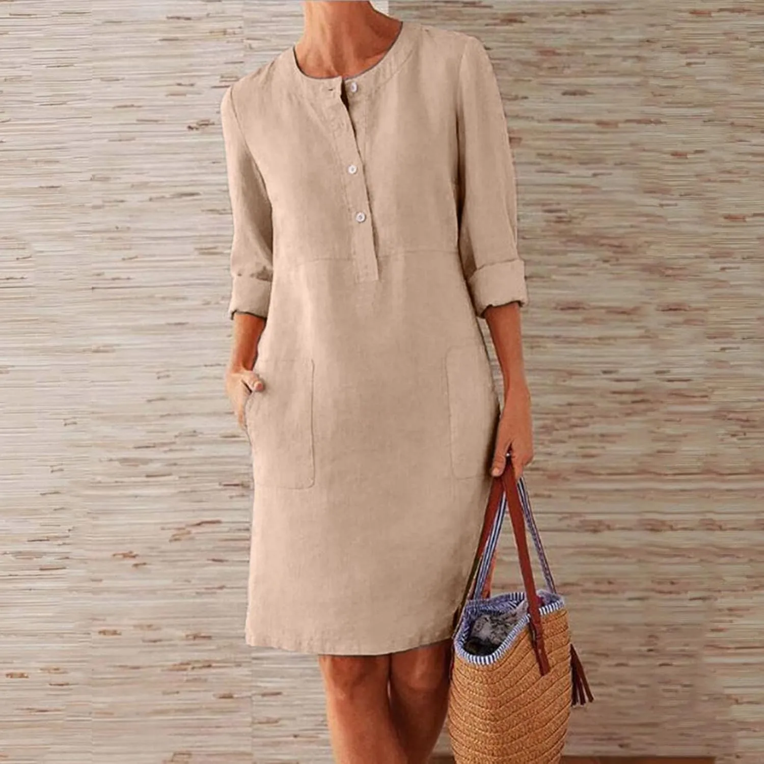 Dresses for Women 2024 Casual Cotton Linen Midi Dress with Pockets Crew Neck Button Down Long Sleeve Summer Dress