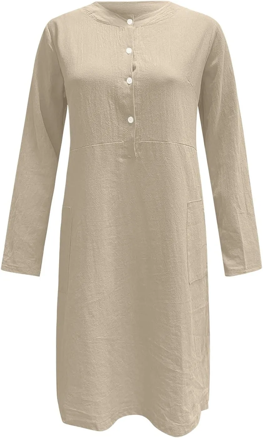 Dresses for Women 2024 Casual Cotton Linen Midi Dress with Pockets Crew Neck Button Down Long Sleeve Summer Dress