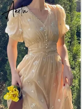 Elegant Vintage Midi Dress Women Casual Short Sleeve Boho Beach Sundress Office Lady Summer Floral Dress Korean Chic V-neck