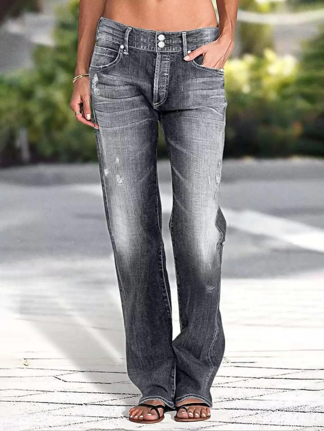 Flamingals Women's Low Rise Straight Leg Jeans Stretchy Ripped Raw Hem Casual Denim Jeans