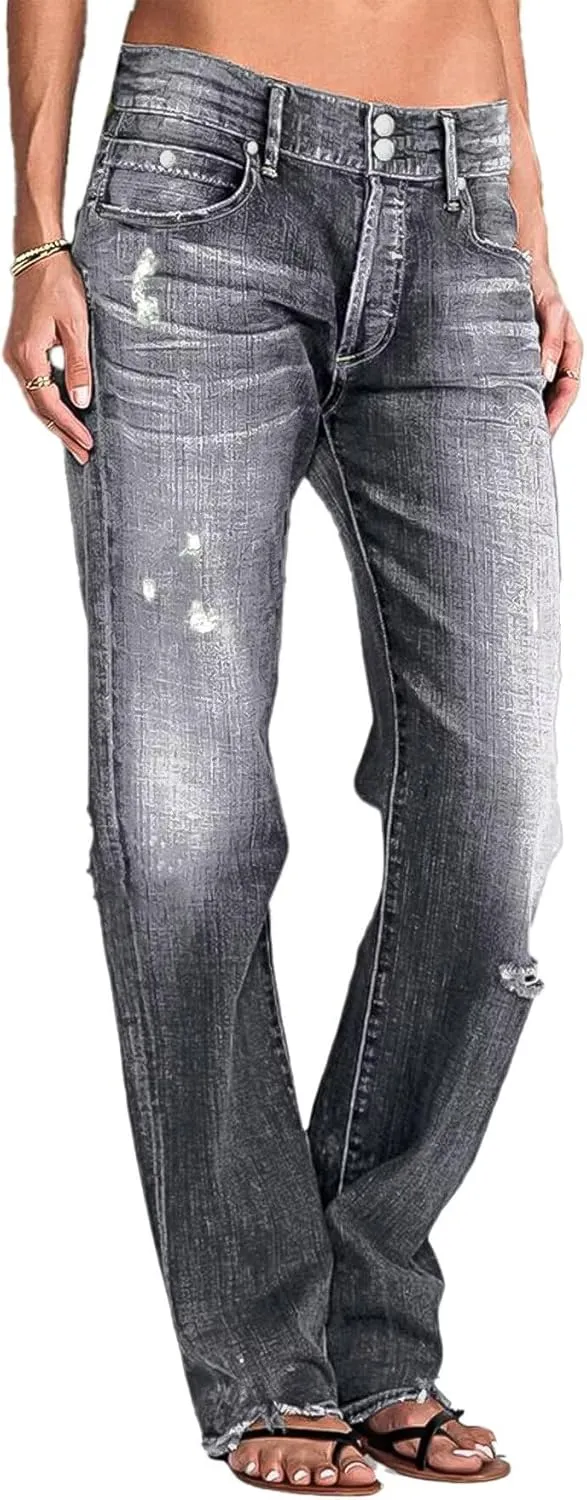 Flamingals Women's Low Rise Straight Leg Jeans Stretchy Ripped Raw Hem Casual Denim Jeans