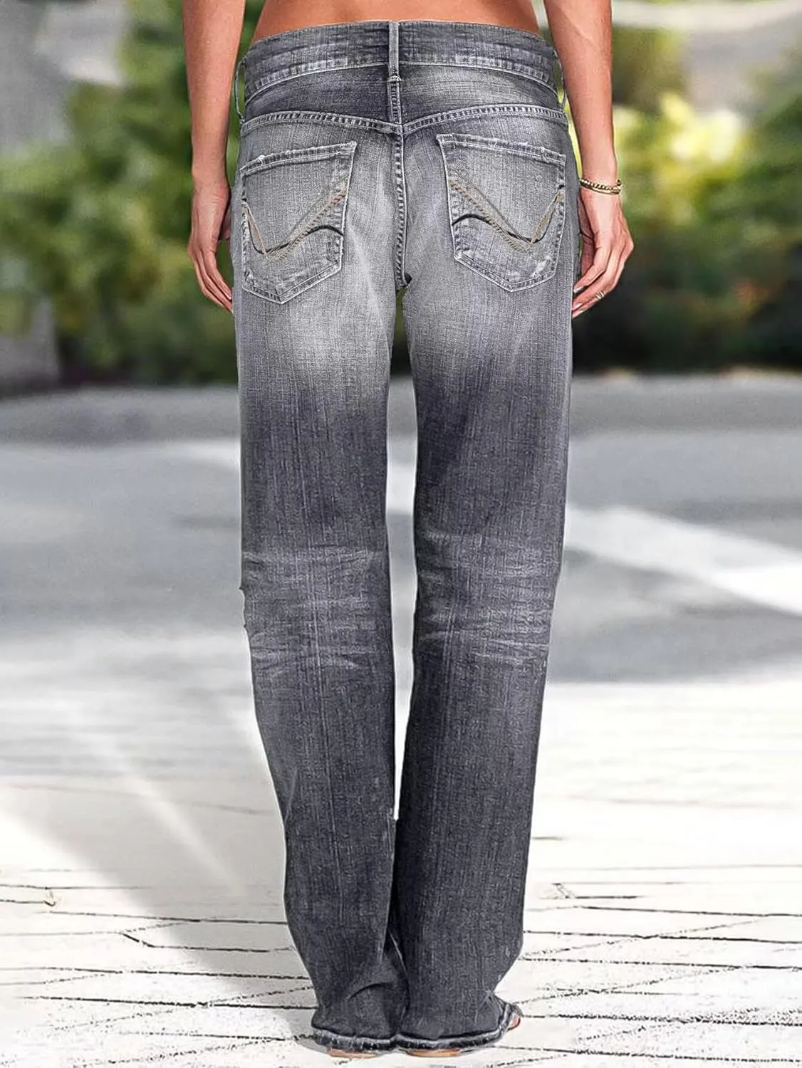 Flamingals Women's Low Rise Straight Leg Jeans Stretchy Ripped Raw Hem Casual Denim Jeans