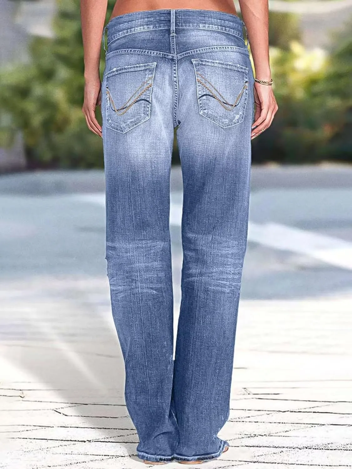 Flamingals Women's Low Rise Straight Leg Jeans Stretchy Ripped Raw Hem Casual Denim Jeans