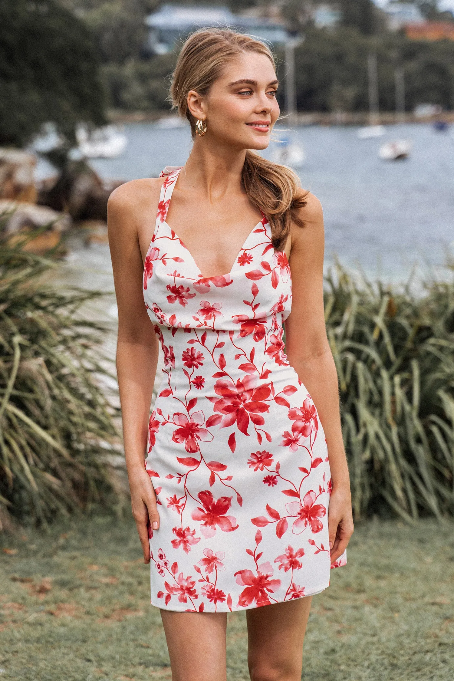 Floral Print Cowl Neck Dress