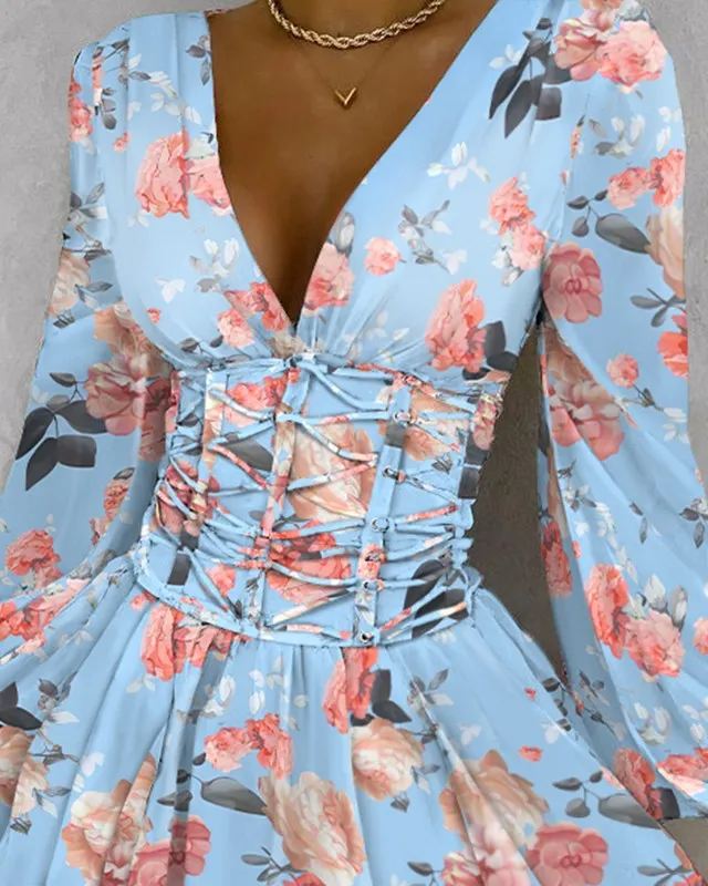 Floral Print V Neck Lace Up Fold Pleat Dress
