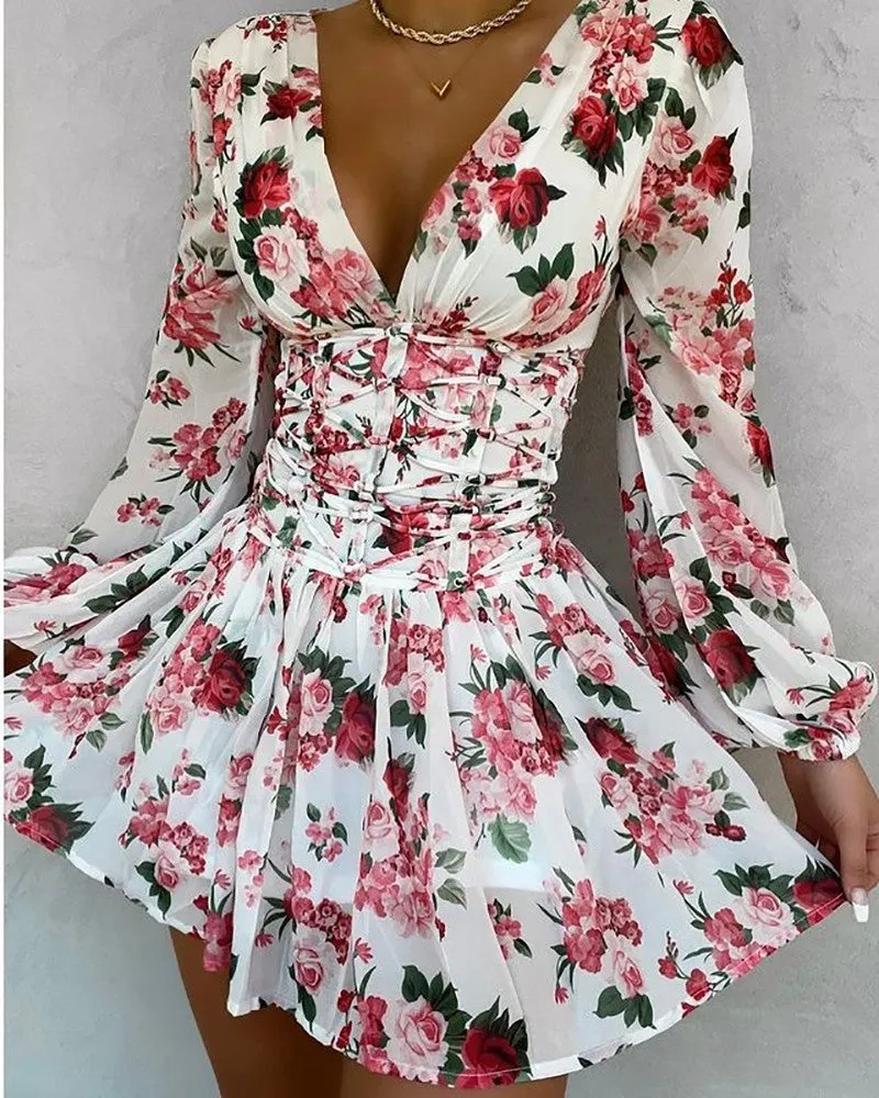 Floral Print V Neck Lace Up Fold Pleat Dress